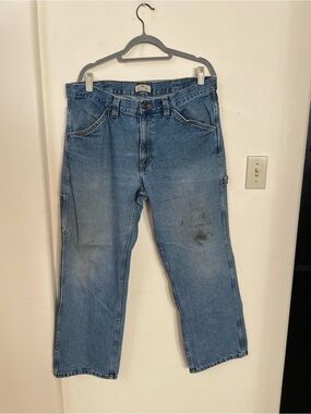 Blue Mountain Mens 38x32 Denim Carpenter Jeans Workwear Utility Pants Distressed